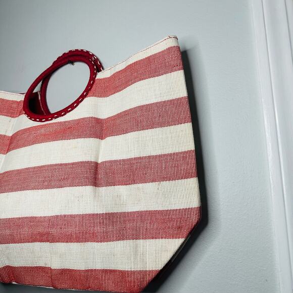 NWT CRABTREE & EVELYN Red White Striped Wrapped Circular Handles Beach Tote - Picture 9 of 9